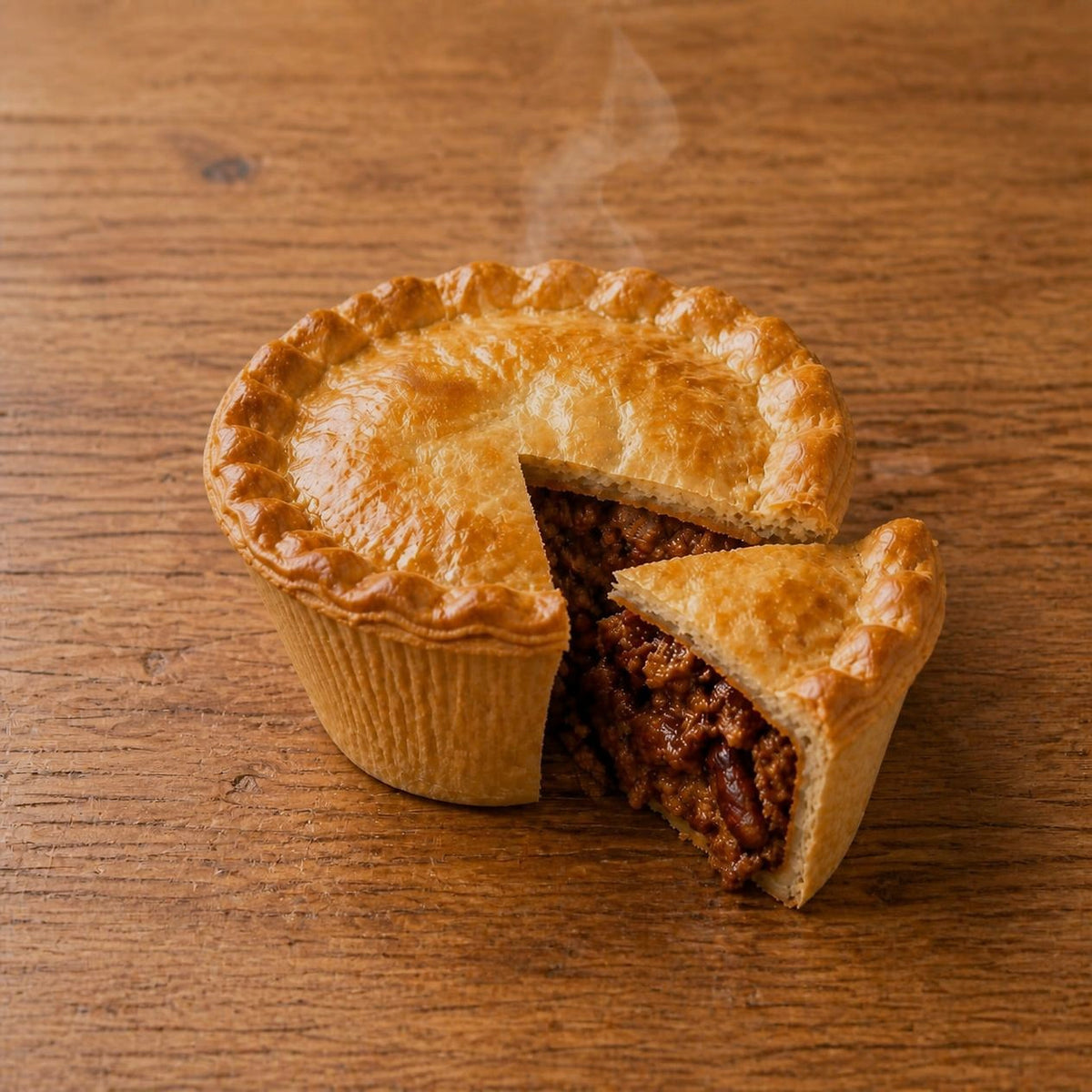 A 6-inch freestanding chili con carne beef pie with a golden crimped butter crust and tapered fluted sides on a wooden table, one wedge pulled away to show the rich ground beef chili and kidney bean filling.