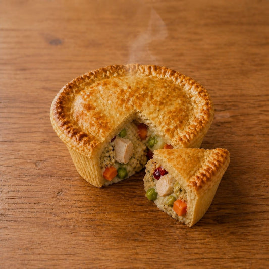 A 6-inch freestanding turkey pot pie with a golden crimped butter crust and tapered fluted sides on a wooden table, one wedge pulled away to show roast turkey, carrots, peas, celery, stuffing and a few cranberries inside.